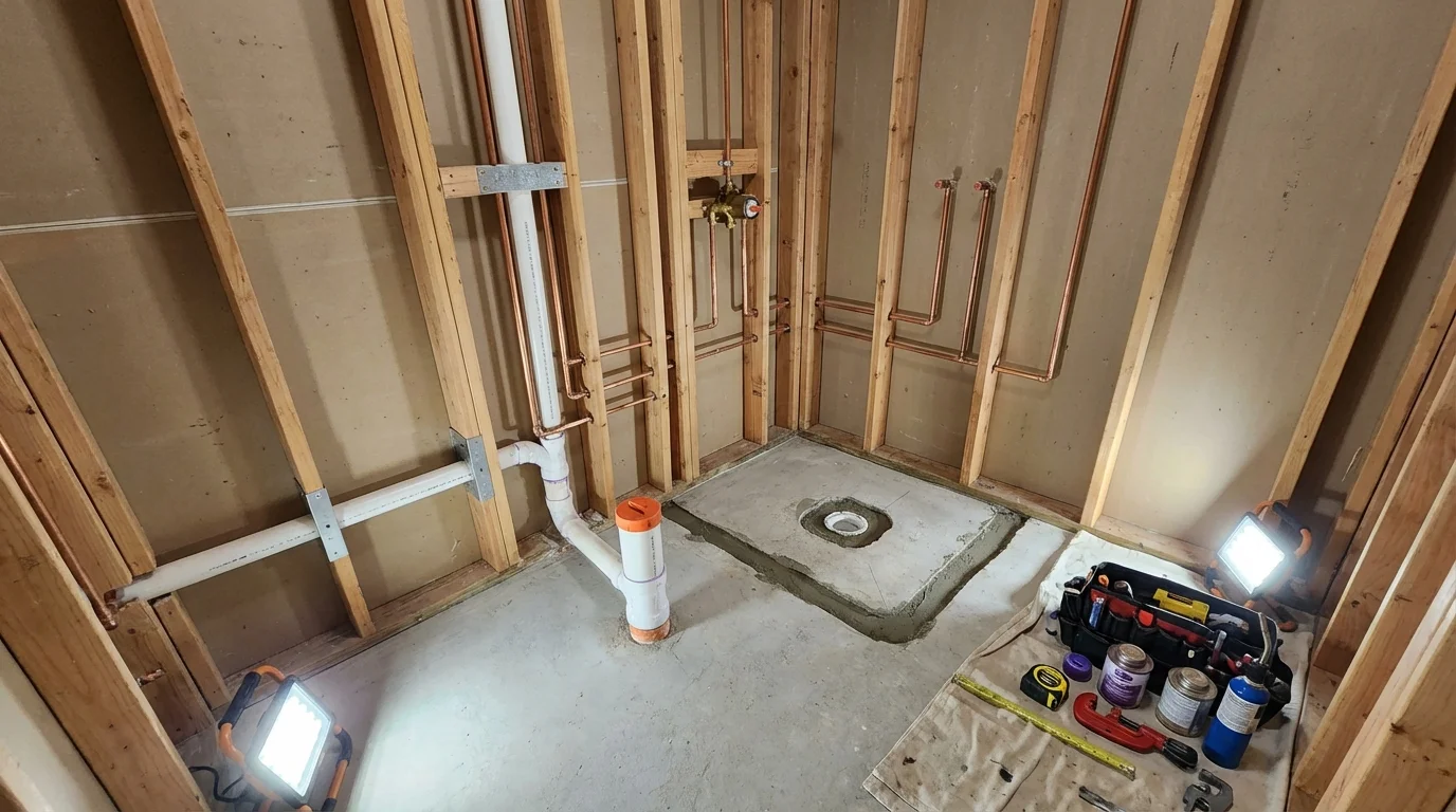 Bathroom rough-in plumbing during remodel by Johns Plumbing LLC in Ava