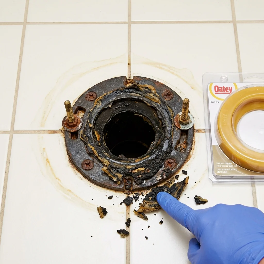 Failed wax ring showing water seepage at the base of a toilet in a Ava, MO home