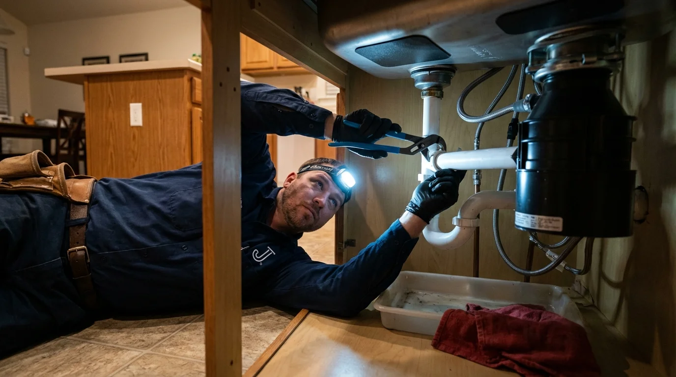 P-trap and supply line connections under a kitchen sink showing a common leak point in Ava, MO